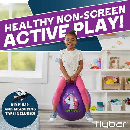 Flybar Hopper Ball for Kids, Inflatable Bouncy Ride-On Ball w/Handle for Indoor & Outdoor Active Play, Includes Pump, Jump Toy for Boys & Girls, Supports Up to 165 lbs, Ages 3+, 18-Inch, Small