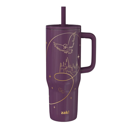 Zak Designs Harry Potter Sutton Travel Tumbler for On The Go, 30oz Stainless Steel with Vacuum Insulation, Silicone Straw, and Carry Handle for Cold Drinks (Hogwarts)