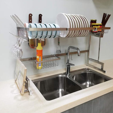 Égouttoir à vaisselle en acier inoxydable à poser sur l'évier, étagère de rangement pour vaisselle et ustensiles de cuisine, organisateur de comptoir de cuisine, porte-ustensiles, économiseur d'espace de cuisine (pour évier ≤ 33,5 pouces)