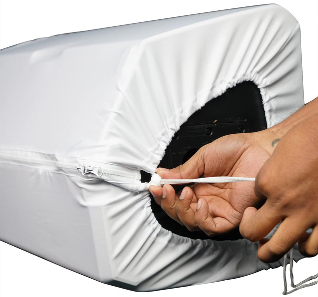 Rockville RSC108W Funda Blanca para Altavoz PA DJ de 10", Compatible con Altavoces de 8"/10"/12", Ignífuga, Cordón Ajustable, Bolsa de Transporte, para Bodas, Iglesias, Clubs