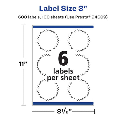 Avery Matte White Starburst Labels with Sure Feed, 3", 600 Matte White Printable Labels