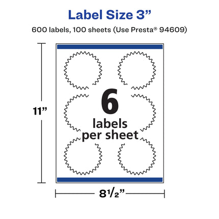Avery Matte White Starburst Labels with Sure Feed, 3", 600 Matte White Printable Labels