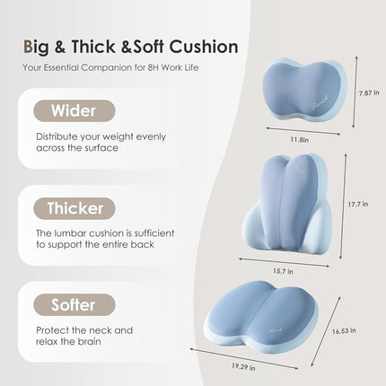 FLORICH Lot de 3 coussins de siège pour voiture, oreillers de soutien lombaire, appui-tête de voiture, coussins de siège ultra-épais en mousse à mémoire de forme, coussin de dossier anti-pression pour chaise de bureau (bleu)