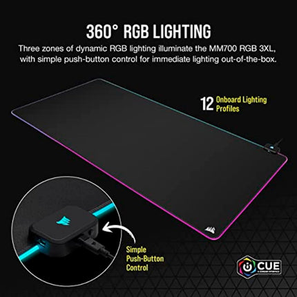 Corsair MM700 RGB Extended 3XL Cloth Gaming Mouse Pad - 1,220mm x 610mm (48” x 24”) - 360° RGB Lighting - Two USB Port Hub - Thick Rubber - Black