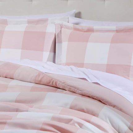 Parure de lit 7 pièces avec couette de couleur unie toutes saisons, couverture douce en duvet alternatif et draps de lit luxueux en microfibre, King size, Blush à carreaux