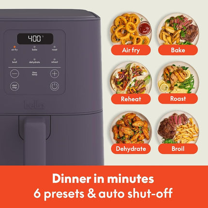 bella 4Qt Slim Air Fryer, Fits-anywhere� Kitchenware, EverGood� Ceramic Nonstick Coating, Adjustable Temperature, 6 Preset Cooking Options, 60 Min Auto Shutoff w Audible Tone, 3.3lb Capacity, Plum
