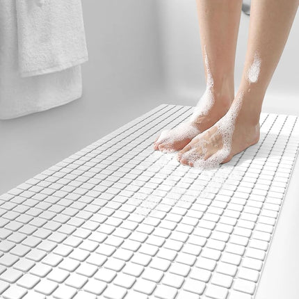 DEXI Bath Tub Shower Mat Non-Slip 16 x 39 Extra Long Bathtub Mats, Suction Cups, Drain Holes, Machine Washable Bathroom Mat, White