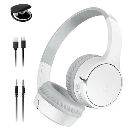 Belkin SoundForm Mini Kids Wireless Headphones w/Built-in Microphone, 30H of Playback Time, Fun Stickers, & Case - Over-Ear Headsets for Online Learning, School, iPhone, iPad, Galaxy, & More - White