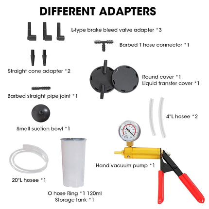 Torin ATRHS-A1998AB 16 Piece Brake Bleeder Kit + Hand held Vacuum Gauge Pump Test Set (2 in 1) with Sponge Protected Case, Adapters: Apply to Bike, Motorcycle, Car and Truck