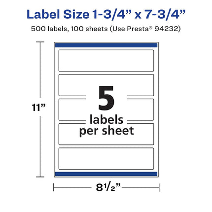 Avery Matte White Rectangle Labels with Sure Feed, 1.75" x 7.75", 500 Matte White Printable Labels