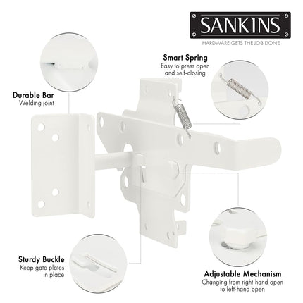 Self-Locking Gate Latch Heavy Duty Post Mount Automatic Gravity Lever for Wooden/PVC Fence, Door Lock with Fasteners Hardware for Secure Pool |Yard | Garden, Steel, White