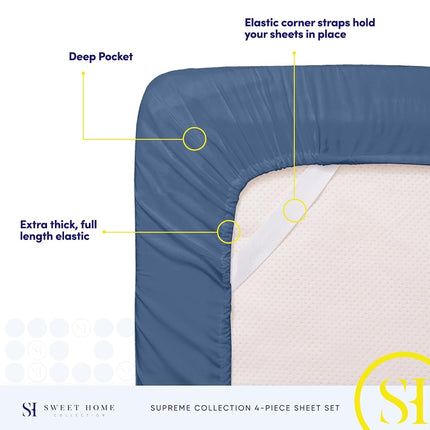 King Size Sheets - Breathable Luxury Bed Sheets with Full Elastic & Secure Corner Straps Built In - 1800 Supreme Collection Extra Soft Deep Pocket Bedding, Sheet Set, EXTRA DEEP pocket - King, Denim