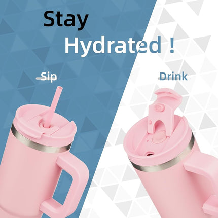 Konokyo Gobelet de 40 oz avec poignée et 2 pailles, bouteille d'eau isotherme 2 en 1 avec couvercle, tasse de voyage en acier inoxydable, rose