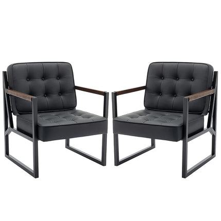 Sillón decorativo moderno de mediados de siglo COLAMY, juego de 2, cómodo sillón para sala de estar, sillón decorativo de cuero negro, sillón con reposabrazos de cuero sintético con patas de metal para sala de estar, dormitorio, recepción, oficina, negro