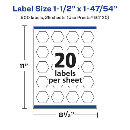 Avery Glossy White Hexagon Labels with Sure Feed, 1-1/2" x 1-47/54", 500 Glossy White Labels, Print-to-The-Edge, Permanent Label Adhesive, Laser/Inkjet Printable Labels