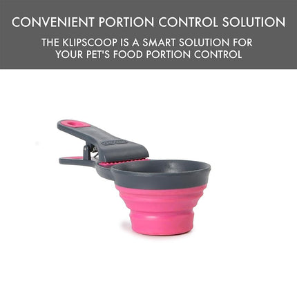 Dexas Popware for Pets Collapsible Klip Scoop, 3 in 1 Design Convenient Measuring Cup, Food Scooper and Bag Clip, ½ Capacity Pet Food Scoop, Versatile Food Measuring Cups Portion Control Gray/Pink