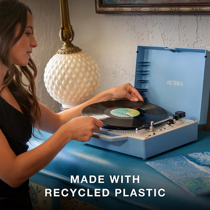Victrola Re-Spin Sustainable Suitcase Vinyl Record Player, 3-Speed (33 1/3, 45 & 78 RPM), Belt-Driven Bluetooth Turn Table with Built-in Bass Radiator, 3.5mm Headphone Jack, Basil Green