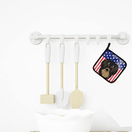 Caroline's Treasures American Flag and Longhair Black and Tan Dachshund Pair of Pot Holders BB2143PTHD, Fabric, Multicolor