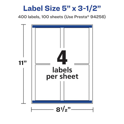 Étiquettes rectangulaires amovibles blanches mates Avery avec technologie Sure Feed, 12,7 cm x 8,9 cm, 400 étiquettes amovibles, étiquettes imprimables au laser/jet d'encre