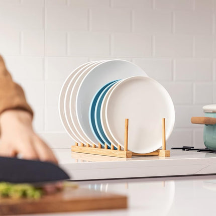 HBlife 4pcs Bamboo Dish Plate Bowl Cup Book Pot Lid Cutting Board Drying Rack Stand Drainer Storage Holder Organizer Kitchen Cabinet (Set of 4)