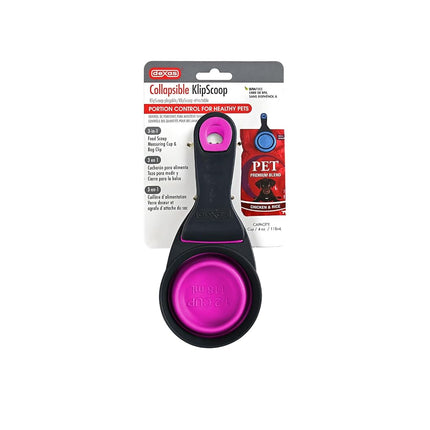 Dexas Pets Collapsible KlipScoop Collapsible Dry Dog Food Scoop and Dog Food Bag Clip, 1/2 Cup Capacity, Fuchsia (PW6504322405)