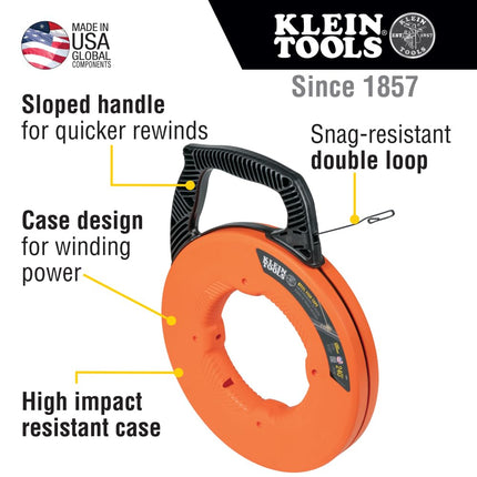 Fish Tape, Steel Wire Puller with Double Loop Tip, Optimized Housing and Handle, 3mm x 73m, Klein Tools 56334