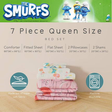 The Smurfs Smurfette Full Bedding Set – 7 Piece Kids Super Soft Microfiber Reversible Comforter & Sheet Set - Pink, (Officially Licensed Product) by Franco