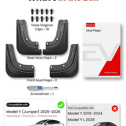 REEVAA 2025 Tesla New Model Y Juniper Accessories - Mud Flaps [No Drilling Required] All-Weather Mud Guard Body Kits for Tesla New Model Y 2025 2026, Black (Set of 4)