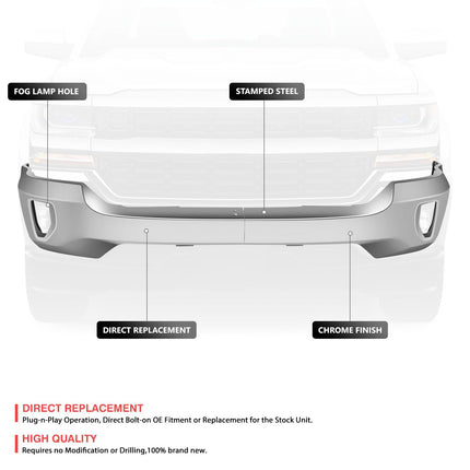 DNA MOTORING BUMP-F-CS16-FB-03-CH Parachoques delantero con orificios para luces antiniebla compatible con Chevy Silverado 1500 2016-2018/Silverado 1500 LD 2019, cromado