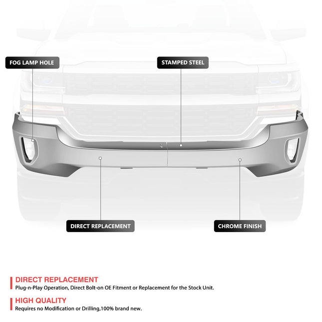PARE-CHOCS AVANT DNA MOTORING BUMP-F-CS16-FB-03-CH avec trous pour phares antibrouillard Compatible avec Chevy Silverado 1500 2016-2018 / Silverado 1500 LD 2019, Chromé
