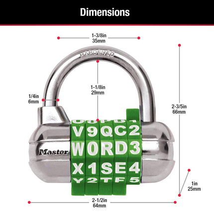 2-1/2in (64mm) Wide Set Your Own Word Combination Padlock with Interchangeable, Removable Dials; Black; 3 pk. 1534EC3