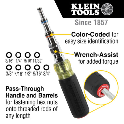 Klein Tools 328091 9-in-1 Multi-Nut Driver Tool, Pass Through Driver with SAE Hex Nut Sizes from 3/16 to 3/4-Inch and Cushion-Grip Handle