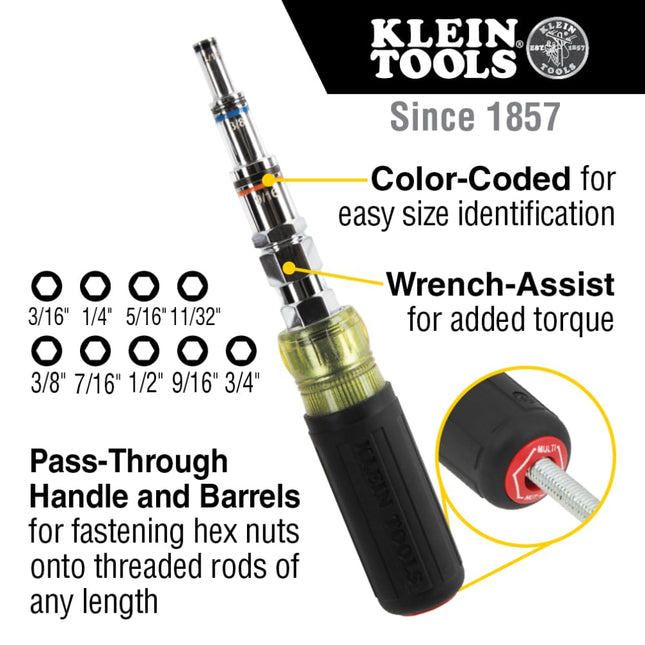 Klein Tools 328091 9-in-1 Multi-Nut Driver Tool, Pass Through Driver with SAE Hex Nut Sizes from 3/16 to 3/4-Inch and Cushion-Grip Handle