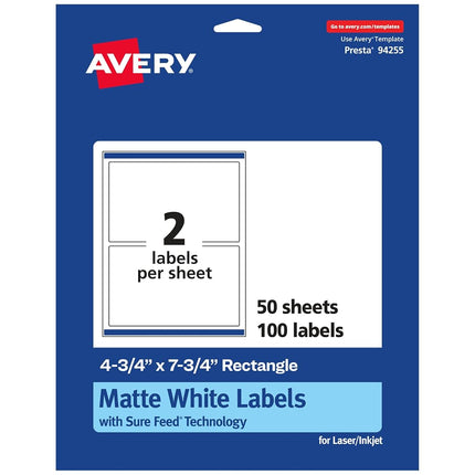 Avery Matte White Rectangle Labels with Sure Feed, 4.75" x 7.75", 100 Matte White Printable Labels