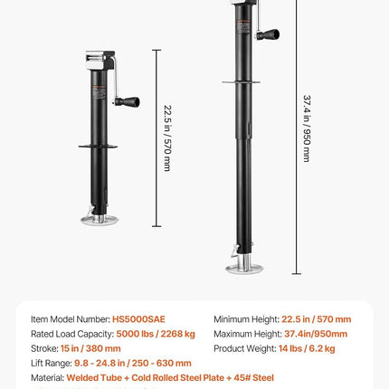 VEVOR 5000 lbs A-Frame Trailer Jack, 15" Vertical Travel, Adjustable Drop Leg, for Horse, Utility, Yacht Trailers