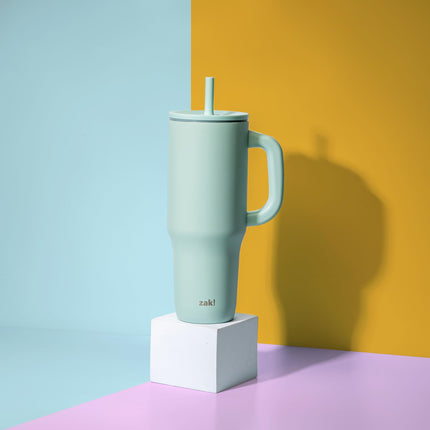 Vaso térmico de viaje Sutton de Zak Designs para llevar, acero inoxidable de 40 oz con aislamiento al vacío, pajita de silicona y asa de transporte para bebidas frías (verde menta icicle)