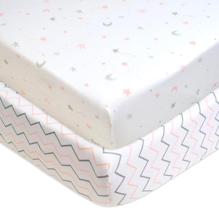 American Baby Company Lot de 2 draps-housses en jersey 100 % coton imprimé pour lit de bébé et matelas pour tout-petits, étoiles roses/zigzag rose, pour garçons et filles