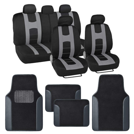BDK Combo Sport Accent Fresh Design Matching All ProtectiveSeat Covers (2 Front 1 Bench) with Heavy Protection Sleek Graphic Car Auto Carpet Floor Mats (4 Set) - Gray Accent