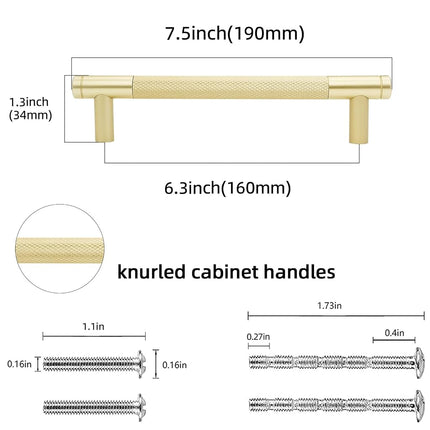 POVEFONK 10 Pack 6-5/16 inch(160mm) Brushed Brass Kitchen Cabinet Handles Knurled Cabinet Pulls Gold Drawer Pulls Kitchen Hardware