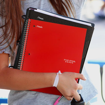 Five Star Spiral Notebook + Study App, 3 Pack, 3 Subject, Wide Ruled Paper, 8" x 10-1/2", Tidewater Blue, Fire Red, Black (930081)