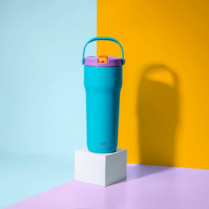 Vaso de viaje Zak Designs Sutton para llevar, acero inoxidable de 30 oz con aislamiento al vacío, boquilla de pajita, asa de transporte para bebidas frías (turquesa)
