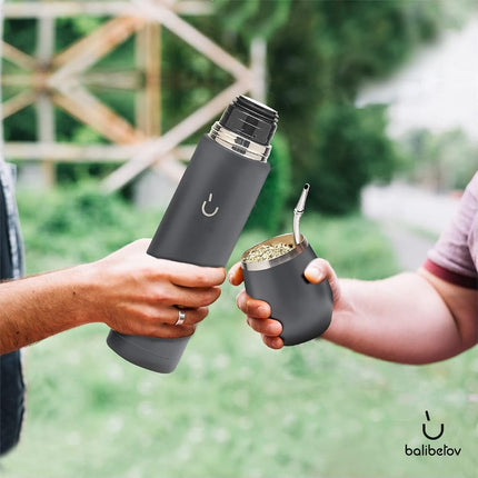BALIBETOV Complete Yerba Mate Set - Modern Mate Gourd, Thermos, Bombilla and Cleaning Brush Included - All Premium Quality 304 18/8 Stainless Steel (Gray)