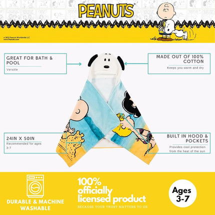 Franco Peanuts Snoopy Kids Super Soft Hooded Bath / Pool / Beach Towel - Soft Cotton Terry Towelling - 24 x 50 Inches - Officially Licensed