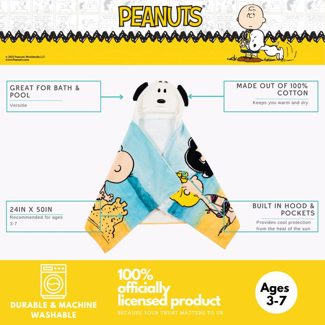 Franco Peanuts Snoopy Kids Super Soft Hooded Bath / Pool / Beach Towel - Soft Cotton Terry Towelling - 24 x 50 Inches - Officially Licensed