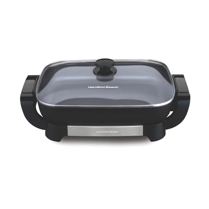 Hamilton Beach Electric Skillet with PFAS-Free Durathon Ceramic Coating, Removable 12x15� Pan, Adjustable Temperature, Reversible Design, Tempered Glass Lid, Black Nonstick Surface (38531)
