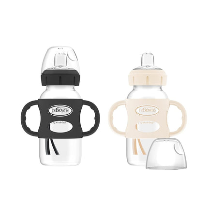 Dr. Brown’s Milestones Narrow Transitional Sippy Bottle with Silicone Handles 8oz 250mL 6m+ Light Pink and Ecru 2-Pack