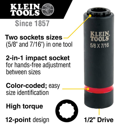 Klein Tools 66012 2-in-1 Impact Socket with 12-Point Deep Sockets, Coaxial Spring Loaded in 5/8- and 7/16-Inch Sizes