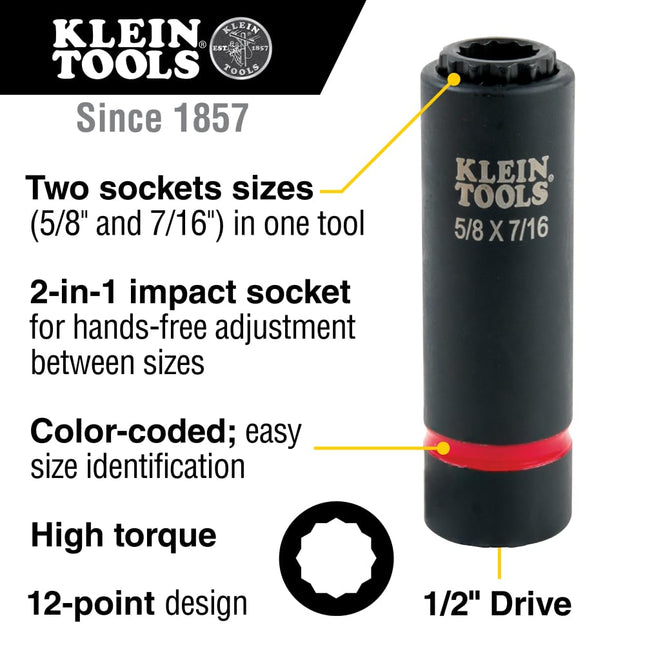 Klein Tools 66012 2-in-1 Impact Socket with 12-Point Deep Sockets, Coaxial Spring Loaded in 5/8- and 7/16-Inch Sizes
