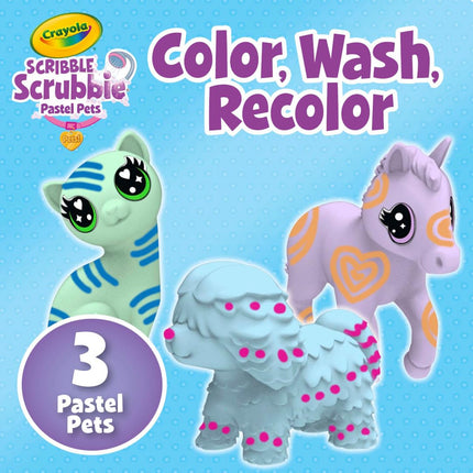 Crayola Scribble Scrubbie Pastel Pets (3 unidades), juguete de aseo de animales para niños, figura de animal lavable, regalo para niños, juguetes para niñas y niños, 3+