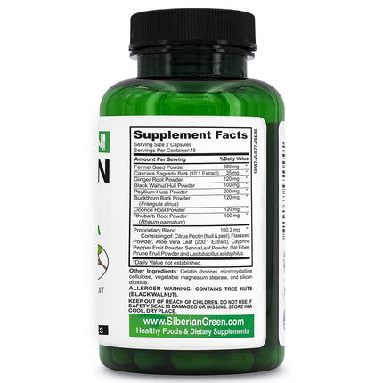 Siberian Green Herbal Colon Detox with Senna Buckthorn Prune Fruit 90 Capsules – Traditional Siberian Formula 14 Herbs & Probiotic to Cleanse Colon and Detox Body